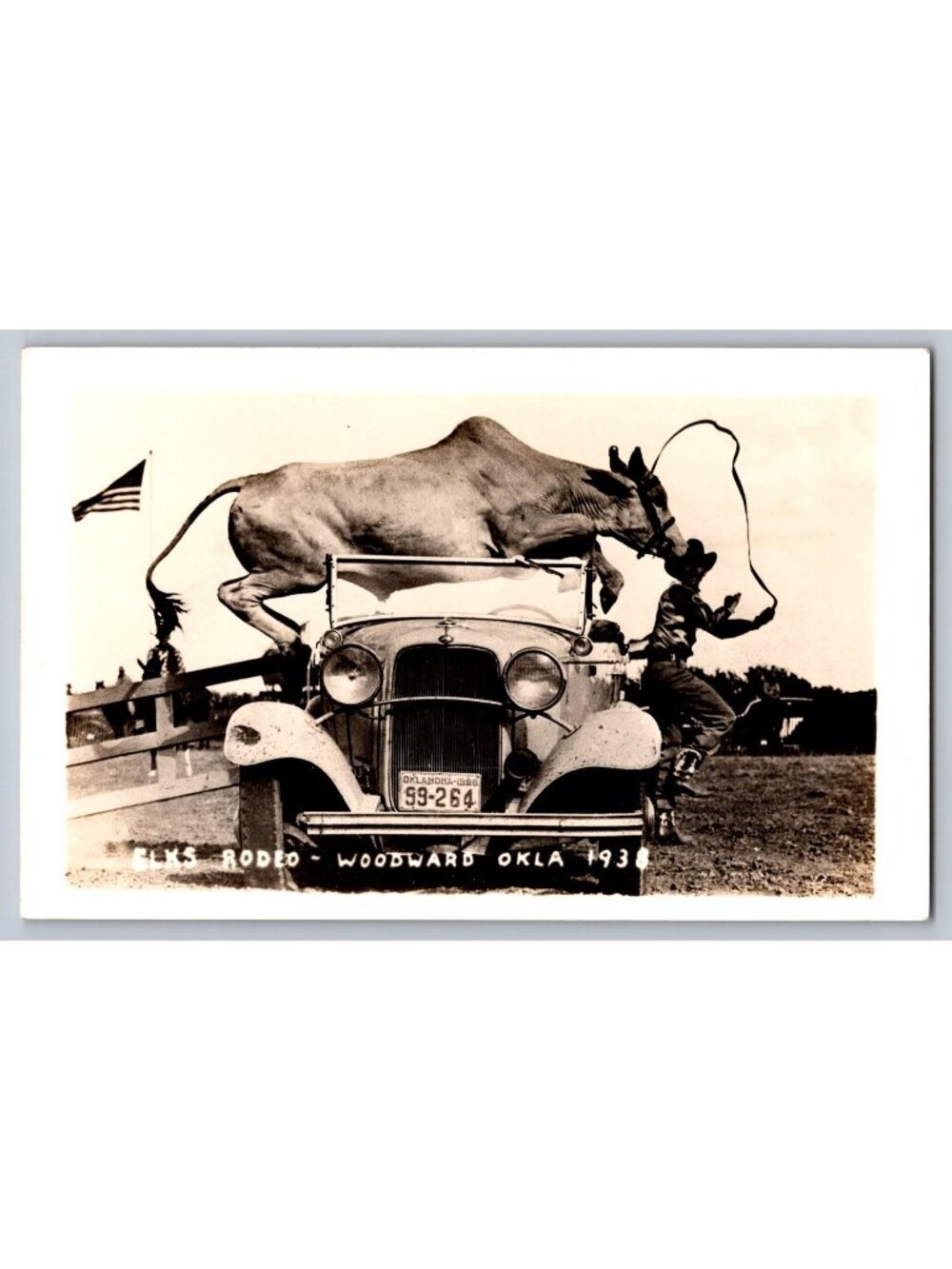 1938 Woodward Oklahoma Elks Rodeo Bull Jumping Car Vintage RPPC Postcard